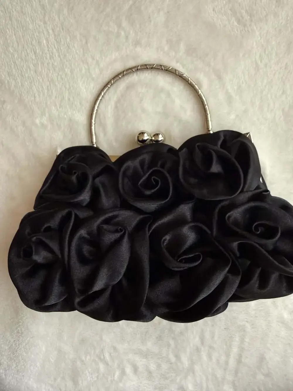 Black Satin Rose Evening Clutch Purse
